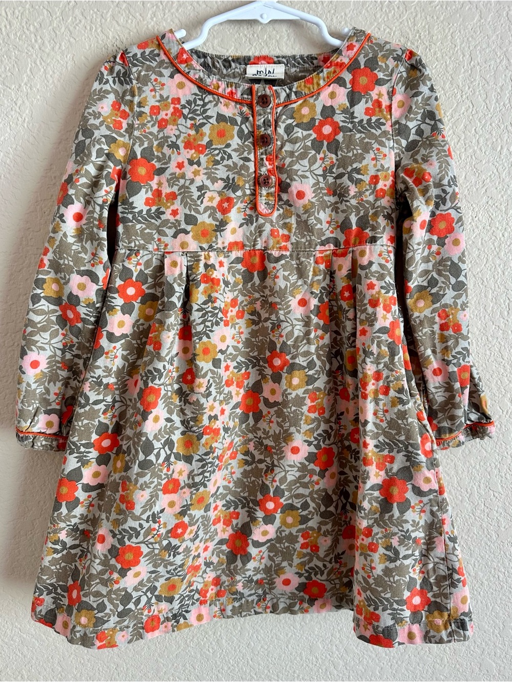 Mini Boden Girls Dress Size 4-5 Floral Fall Colors LS Cotton Knee Dress Henley
